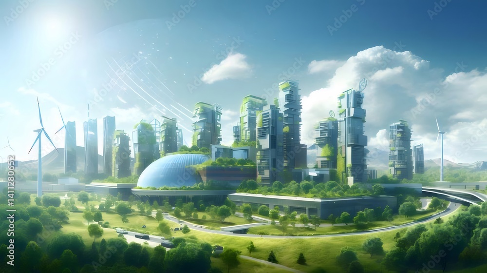 Aufkleber 未来都市の緑豊かな風景 光り輝く青空の下にそびえ立つ未来的な高層ビル群