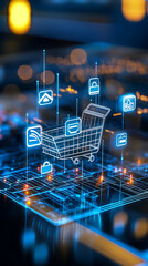 E-commerce shopping cart innovations digital marketplace infographic virtual environment close-up view technology trends