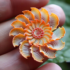 Intricate orange and white spiral seashell held gently in a human hand, close-up view showcasing natural texture and detail.
