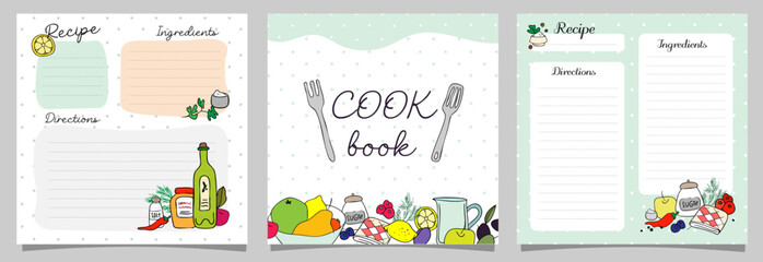 cook book blanks , set of square page, card, doodle drawn vegetable and fruits, kitchen reminder, template vector illustration