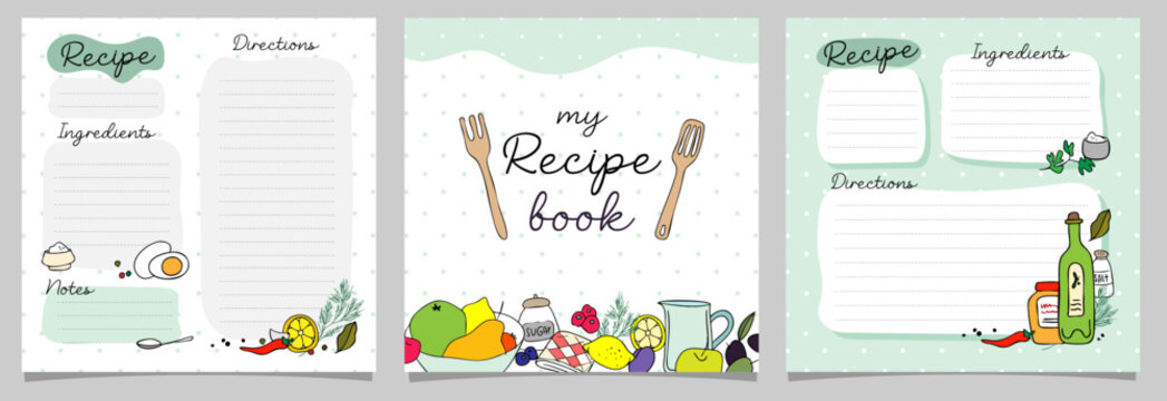 my recipe book, set of square blank, template, copy space, food vector illustration