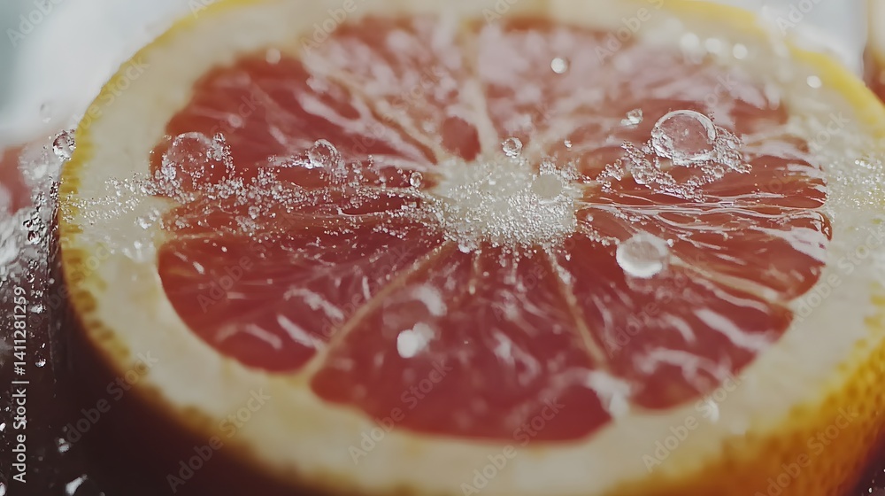 Poster close-up of a grapefruit slice submerged in sparkling water, showcasing vibrant citrus segments and 