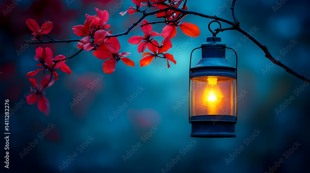 Aufkleber illuminated lantern hanging from a branch adorned with vibrant red blossoms, creating a serene and e