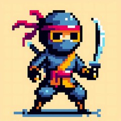 Obraz premium Pixel Art Ninja Warrior with Blade Suitable for Creative Presentation