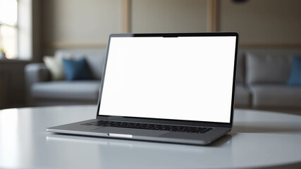 Fototapeta premium Laptop mock-up with empty screen on the desk. minimal workspace.