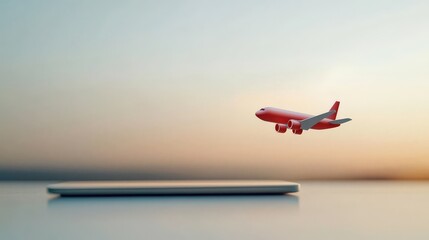 Fototapeta premium Global Collaboration and Diversity in an Interconnected World, A laptop with an airplane flying overhead against a serene background.