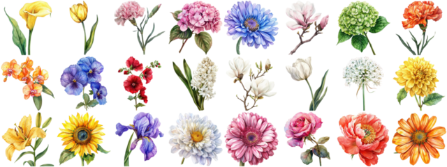 Watercolor flower set isolated background. Various floral collection of nature blooming flower clip art illustration element for retro flora wedding or romantic valentine card. crisp edges cut out.