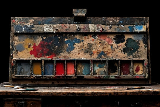 A well-worn, vintage artist's paintbox sits on a rustic wooden table, showcasing years of creative expression through vibrant paint splatters and residue.