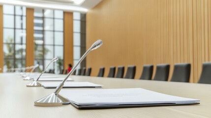 Global Collaboration and Diversity in an Interconnected World, Modern conference room with a long table, microphones, and large windows for natural light.