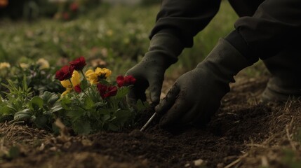 A gardener planting flowers in a garden. Featuring care and horticultural expertise