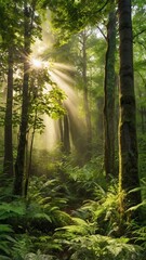 Obraz premium Lush Green Forest with Sunlight Filtering Through the Trees