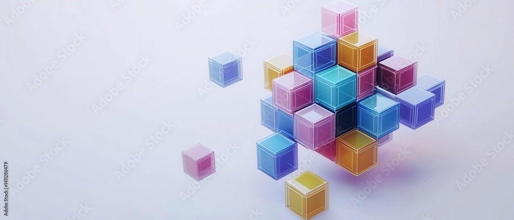 Poster a visually striking arrangement of colorful, translucent cubes in various sizes, creating a 3d effec