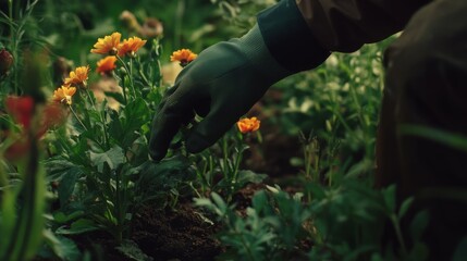 Fototapeta premium A gardener planting flowers in a lush garden. Featuring care and growth