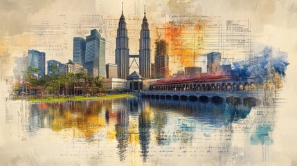 Obraz premium Watercolor painting showcases kuala lumpur cityscape reflection in water