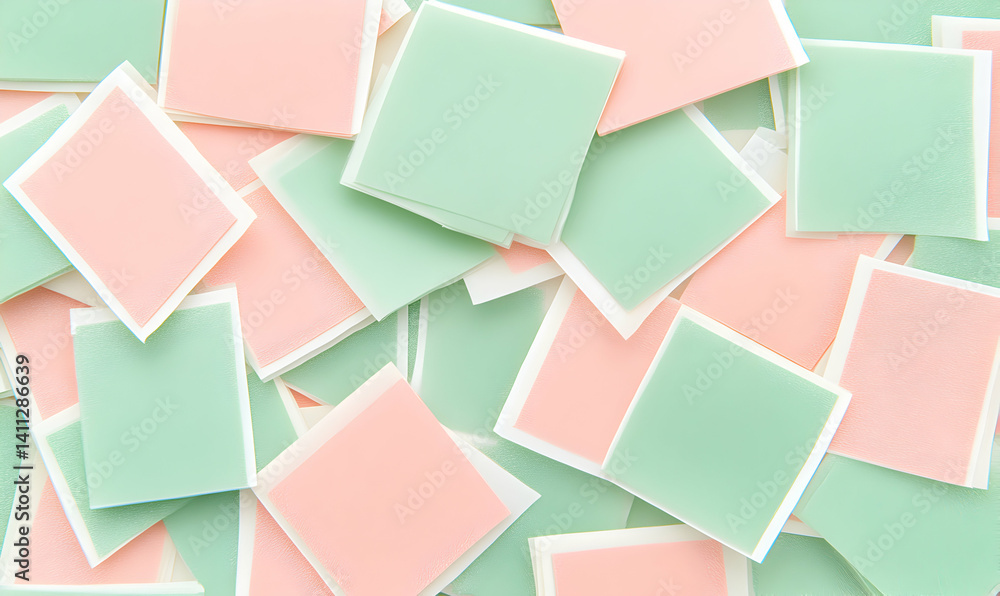 Poster pastel pink and mint green square papers arranged in an overlapping pattern, creating a vibrant and 