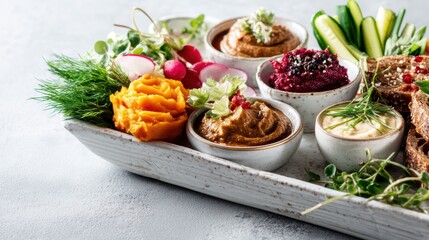 Appetizing Assortment of Colorful Vegan Dips and Fresh Vegetables Displayed on Rustic Platter Delicious Vegan Cuisine Delightful Visual Close Up Angle
