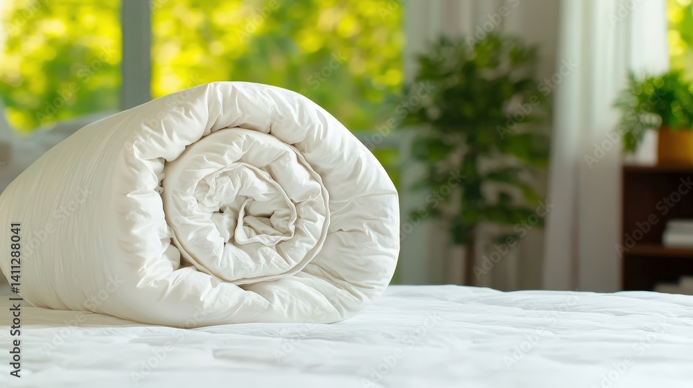 Poster neatly rolled off-white comforter resting on a white bedspread with a blurred background showcasing 