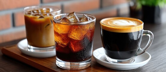 coffee cold brew urban concept. Three beverages: iced coffee, soda, and espresso on a wooden tray against a brick wall.