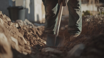 A construction worker digging a trench at a building site. Featuring hard work and precision