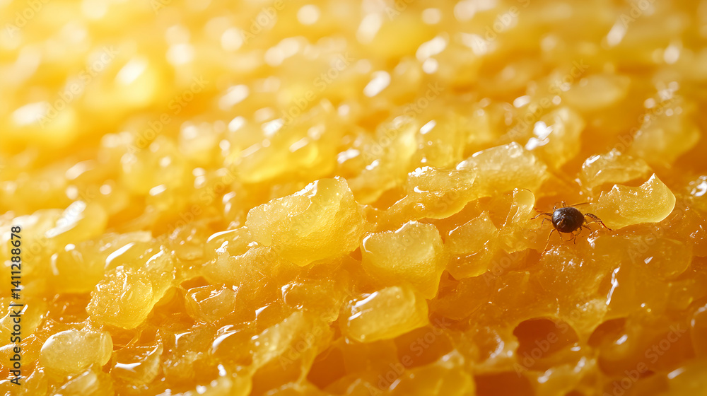 Poster close-up macro shot of honeycomb with a small insect, showcasing the golden texture and detail of th