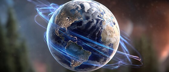 Earth globe with blue energy streams, trees blurred background
