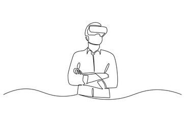 Continuous one line drawing of Young Man use VR glasses. Single line drawing illustration of Man with VR headset. Technology concept vector art. Doodle line illustration.