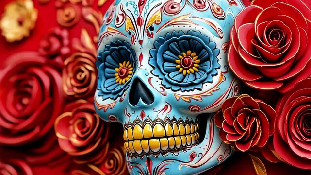 Colorful sugar skull art adorned with vibrant roses and intricate floral patterns, celebrating Day of Dead with rich cultural heritage and festive spirit.