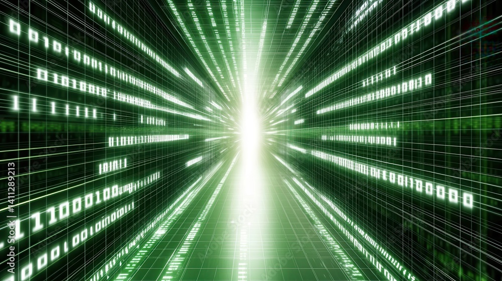 Poster a futuristic, digital tunnel with flowing binary code, radiating green light toward a bright center,