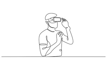 Continuous one line drawing of Young Man use VR glasses. Single line drawing illustration of Man with VR headset. Technology concept vector art. Doodle line illustration.