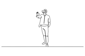 Continuous one line drawing of Young Man use VR glasses. Single line drawing illustration of Man with VR headset. Technology concept vector art. Doodle line illustration.