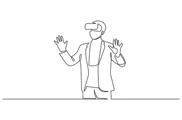 Continuous one line drawing of Young Man use VR glasses. Single line drawing illustration of Man with VR headset. Technology concept vector art. Doodle line illustration.