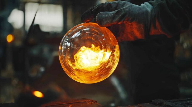 A glassblower shaping molten glass in a workshop. Featuring artistry and craftsmanship - Powered by Adobe