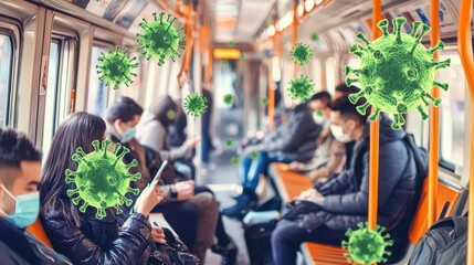 A crowded subway with commuters wearing masks, surrounded by visual representations of viruses, highlighting health concerns in public transport.
