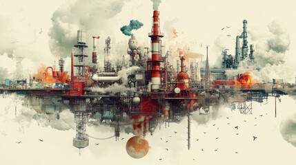 Obraz premium An industrial complex and factory are depicted in dreamlike style