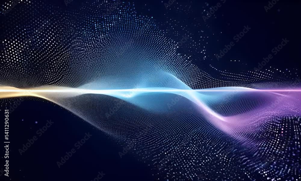 Poster abstract digital wave of glowing particles and energy flows with futuristic motion in a sci-fi inspi