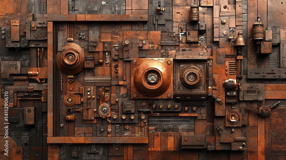 Poster intricate steampunk mechanism constructed with rusty and metallic components