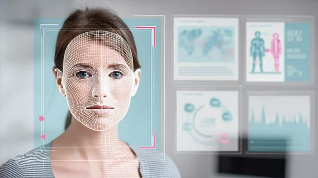 A woman surrounded by digital graphics, a face scan in a grid-like pattern overlaid