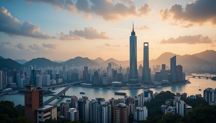 Cityscape at Sunset Over River with Tall Buildings and Distant Mountains