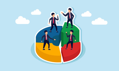Several businessmen stand on top of each classification of a circle chart, illustration of business competitor market share