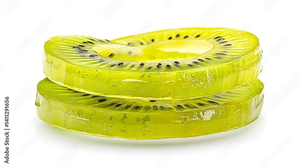 Poster two translucent slices of kiwi fruit are stacked on top of each other, creating a visually appealing