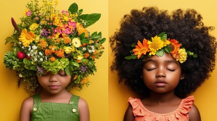 Diptych portrait showcasing a young Black girl adorned with a vibrant flower crown and a smaller crown in her large afro, set against a bright yellow backdrop
