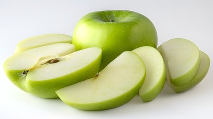 A whole green apple and several slices arranged on a white background. The apple is fresh and juicy, perfect for showcasing health and freshness.