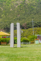 Concrete flagpole support stands used in ancient times to hold up flagpoles. Located in Gyeongju city, South Korea.