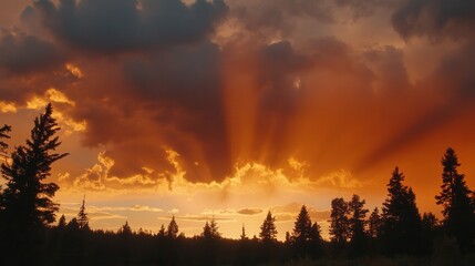 Dramatic sunset through clouds over a forest