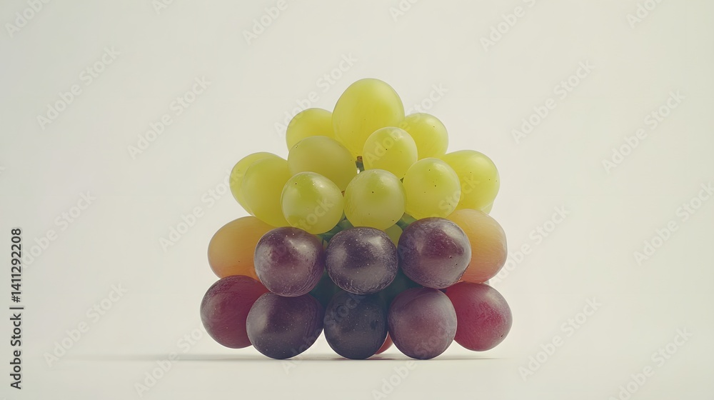 Poster a vibrant cluster of grapes, meticulously arranged in a pyramid shape, showcasing a gradient of colo