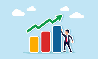 Businessman stands next to a graph, illustration of monitoring business performance report