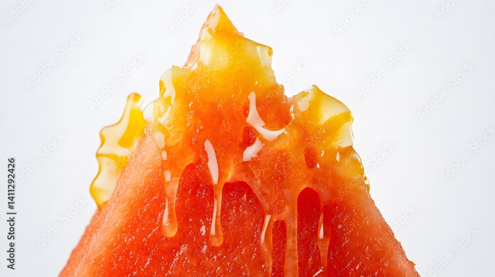 Poster close-up of a watermelon slice drizzled with honey. the vibrant red watermelon contrasts beautifully