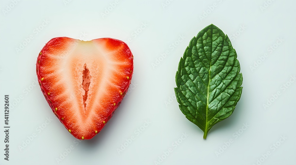 Aufkleber a halved strawberry and a vibrant mint leaf are presented against a stark white backdrop. the image'