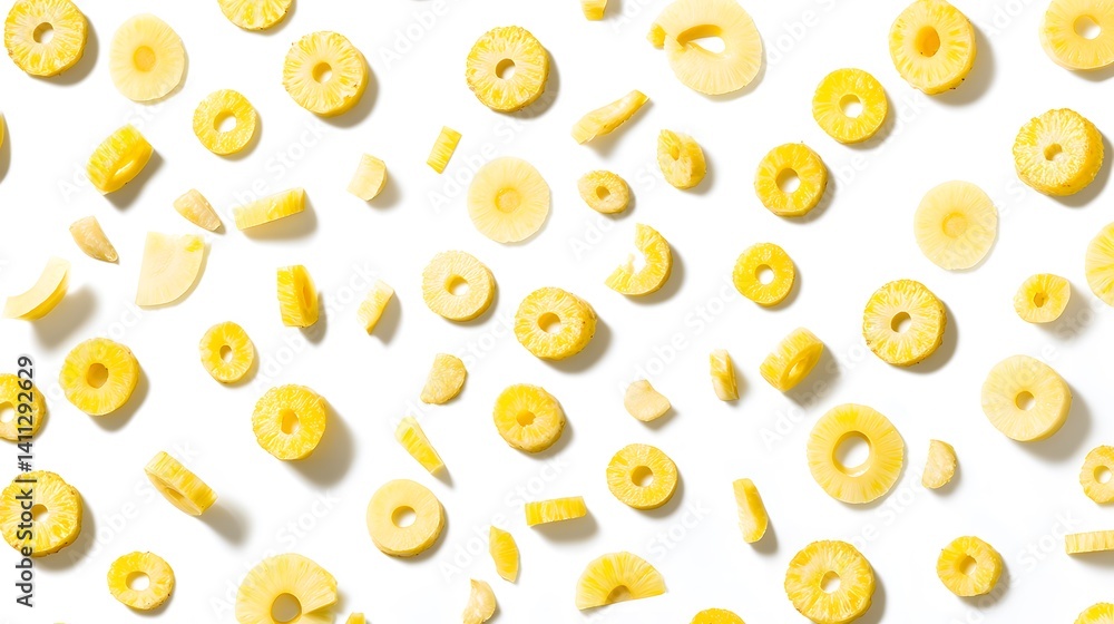 Poster many yellow pineapple slices and chunks fall on a white background. a vibrant and refreshing image p