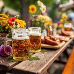 Refreshing Bavarian Beer Mugs and Delicious Sausages on Rustic Wooden Table German Tradition Food Celebration